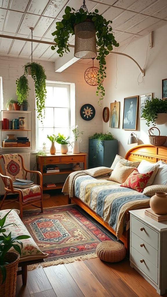 A cozy shabby chic boho bedroom featuring plants, vintage decor, and textured fabrics.