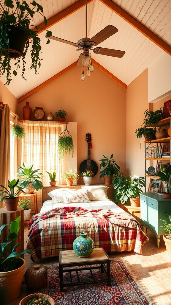 Cozy boho style bedroom with high ceiling, featuring a bed with plaid blanket, plants, and wooden decor.