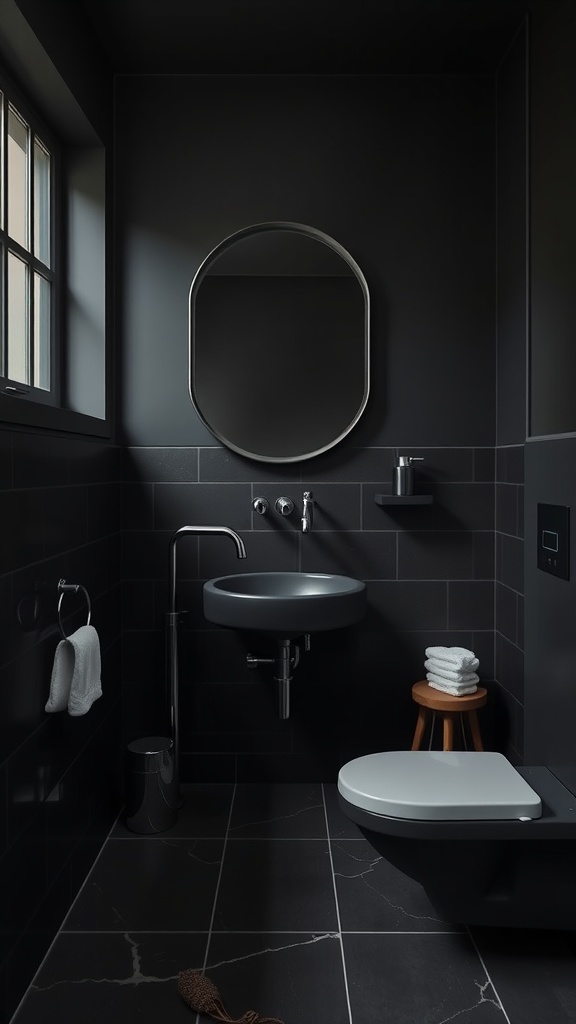 A minimalist black bathroom featuring a circular mirror, a circular sink, and a wooden stool.