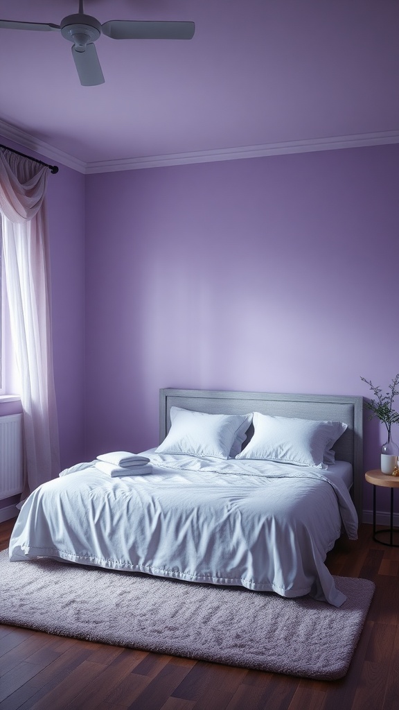 A cozy bedroom with lavender walls, a white bedspread, and soft lighting