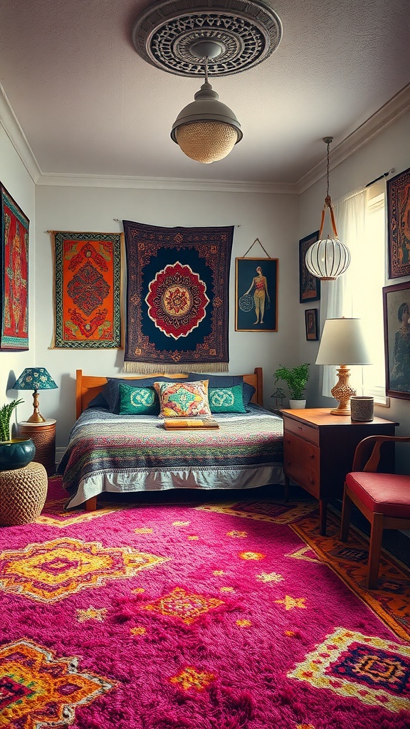 A cozy bedroom featuring a colorful shag pile carpet, vibrant wall hangings, and bohemian decor.