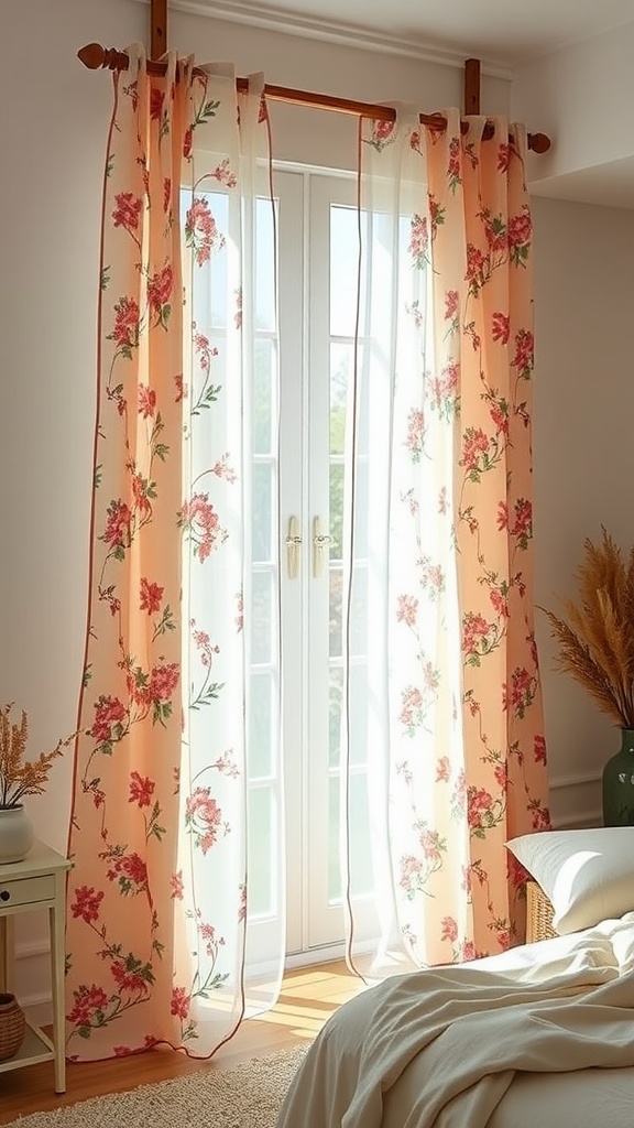 Sheer floral drapes in a boho themed bedroom with light filtering through.