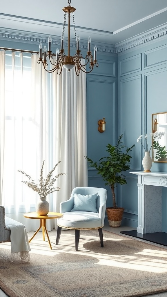 Living room featuring Sherwin Williams Atmospheric blue paint on walls, with a chandelier, light furniture, and indoor plants.