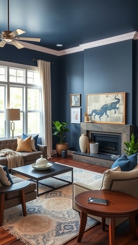 Living room painted in Sherwin Williams Indigo Batik with dark blue walls, light furniture, and decorative plants.