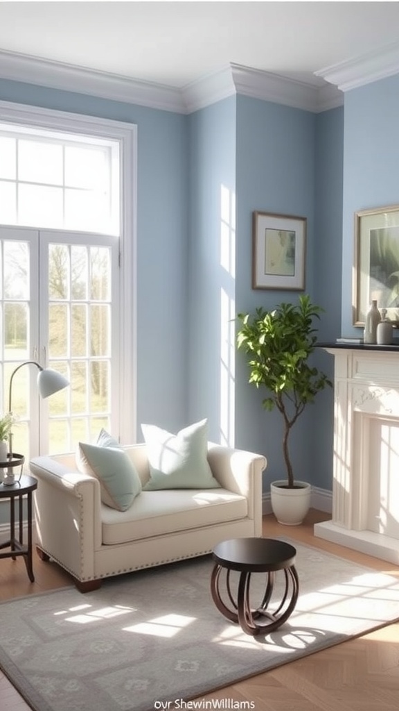 A bright room with walls painted in Sherwin Williams Morning Fog, featuring a white sofa, a coffee table, and a plant.