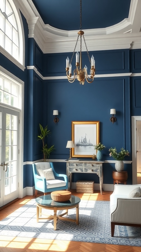 A beautifully decorated living room with walls painted in Sherwin Williams Naval blue, featuring a chandelier, light furniture, and large windows.