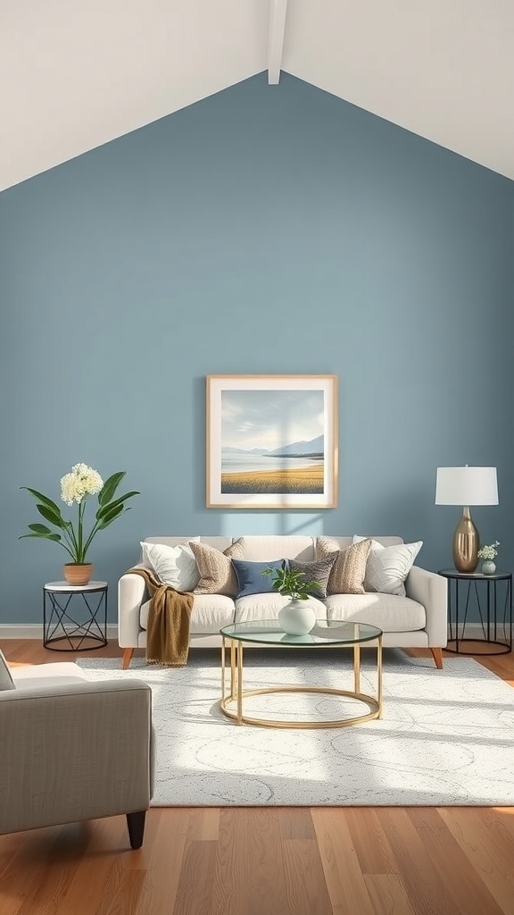 A cozy living room featuring Sherwin Williams Outerspace paint color on the wall, with a stylish couch and modern decor.