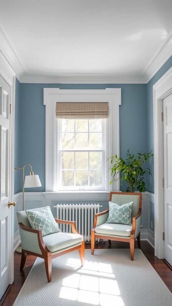 A cozy room featuring Sherwin Williams Rain paint on the walls, with stylish chairs and natural light.