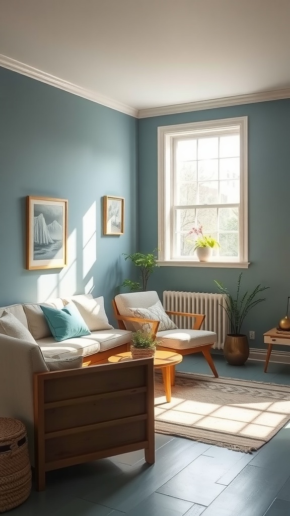 Cozy living room painted in Sherwin Williams Stardew with natural light