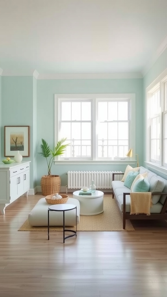 A cozy living room painted in Sherwin Williams Topsail, featuring light blue walls, white furniture, and large windows