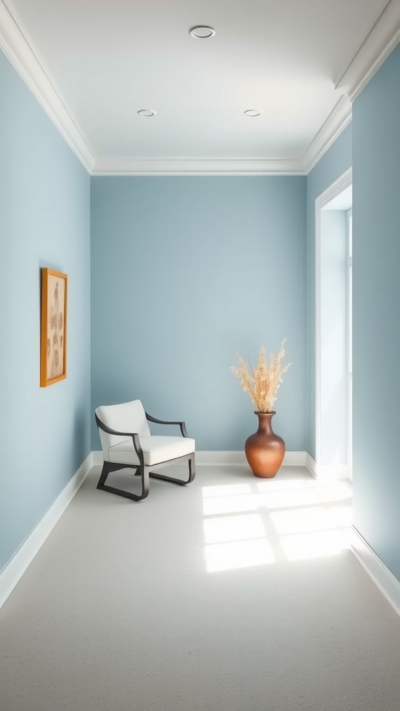 A softly lit room featuring Sherwin Williams Upward blue walls, a white chair, and a decorative vase.