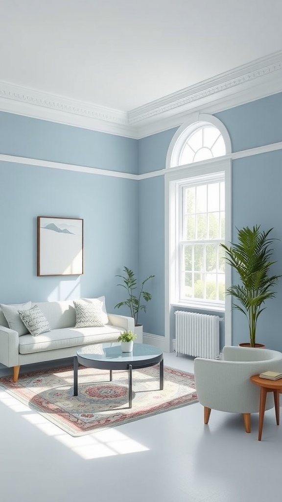 A cozy living room with soft blue walls, featuring a comfortable sofa, a round coffee table, and plants, showcasing Sherwin Williams Waterloo paint color.