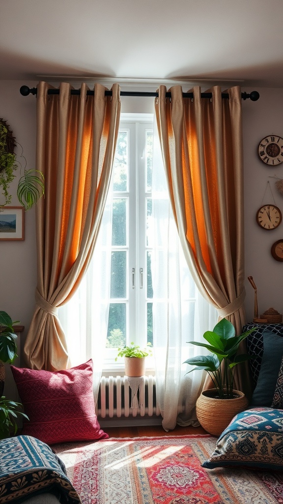 Shimmering metallic curtains in a boho themed bedroom, featuring warm colors and a cozy atmosphere.