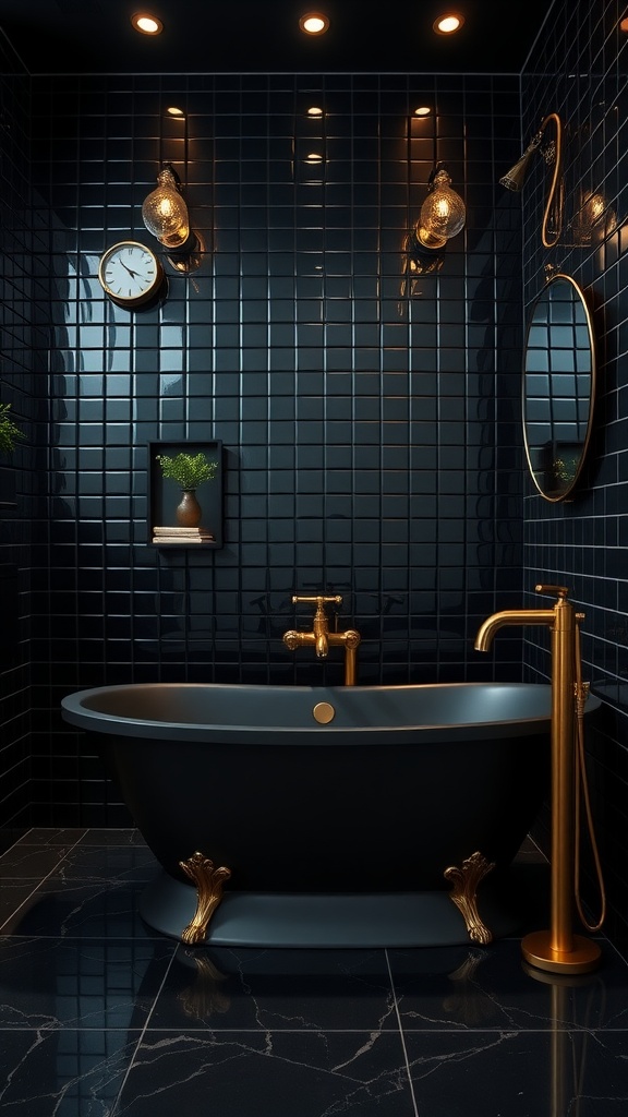 Stylish bathroom with glossy black tiles, a black freestanding bathtub, and golden fixtures.