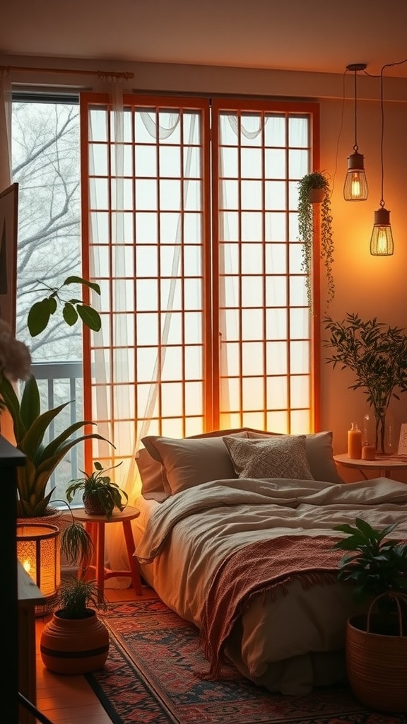 A cozy bedroom featuring shoji screens, plants, and soft lighting.