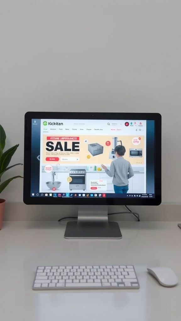 A person browsing an online kitchen appliance sale on a computer screen