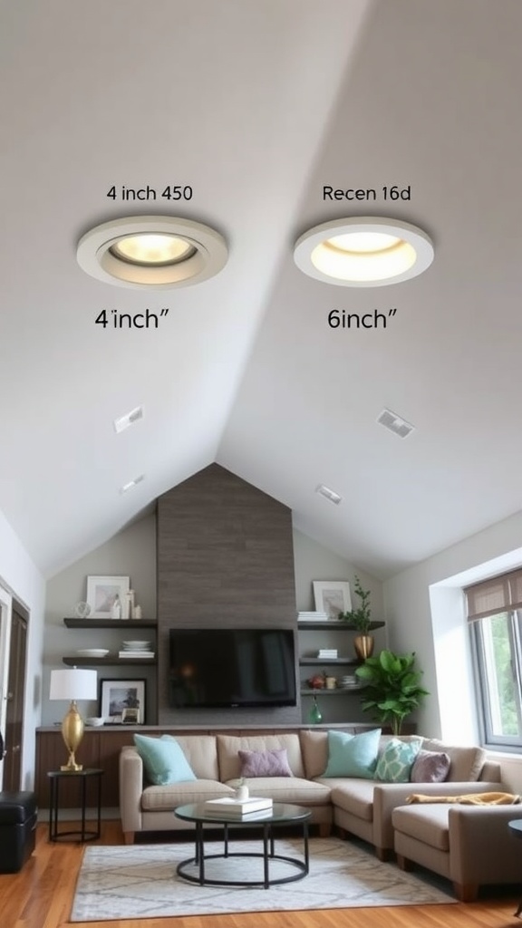 Comparison of 4-inch and 6-inch recessed lights in a sloped ceiling living room