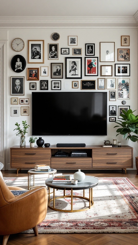 A modern living room with a TV wall integrated into a gallery of framed artworks and photographs.