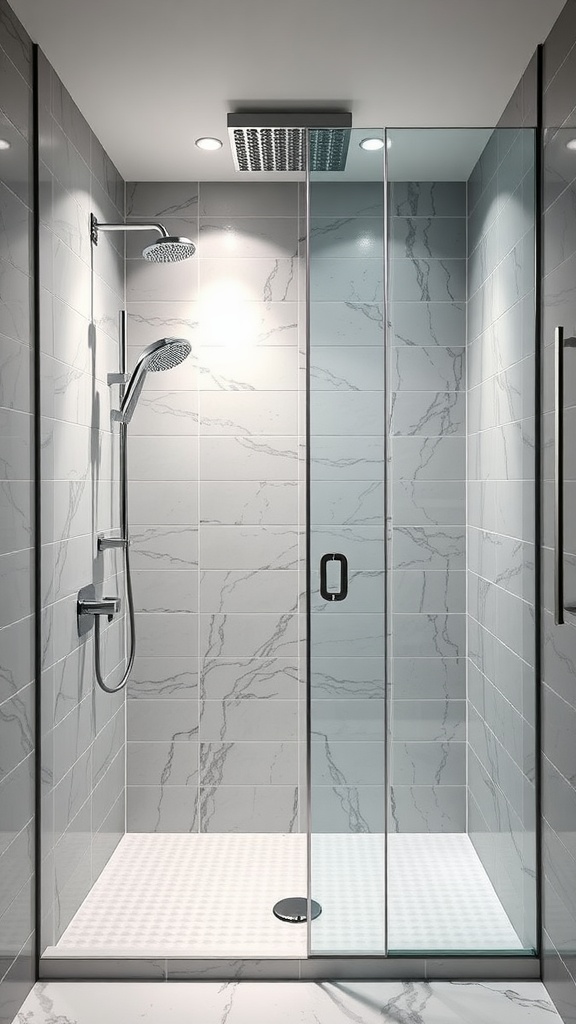 Modern walk-in shower with side-by-side shower heads and marble tiles