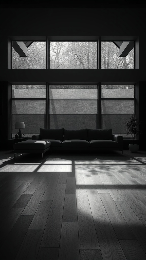 A living room with silhouette lighting, showcasing shadows and contrasts from large windows.