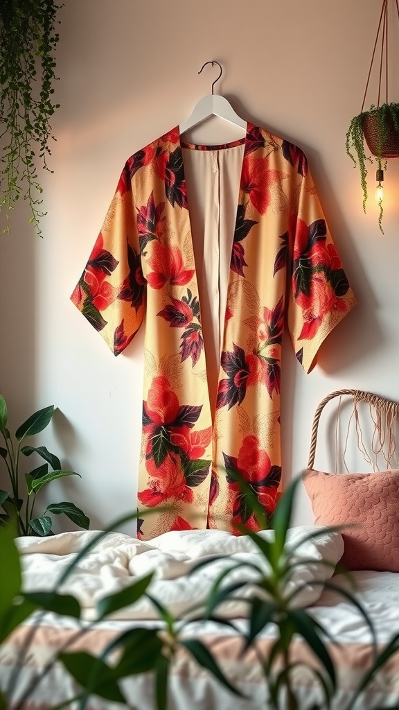 A vibrant silk kimono with floral patterns hanging on a wall, surrounded by plants and a cozy bed.