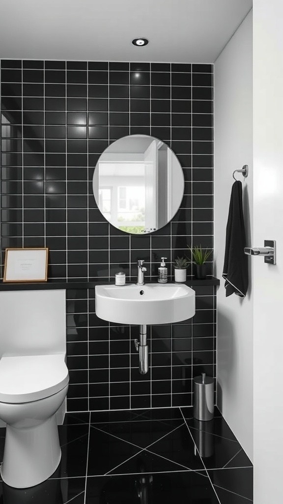 A modern minimalist bathroom with black tiled walls, a round mirror, a white sink, and contemporary decor.