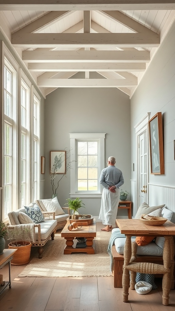 A serene living space featuring Silver Sage walls, natural light, and cozy furnishings.