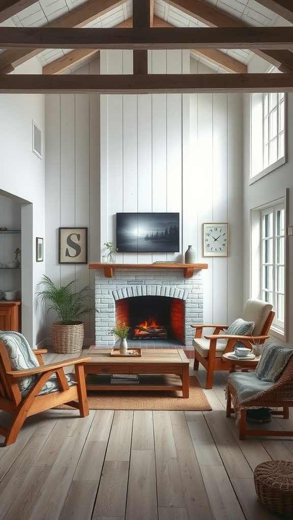 A cozy living room featuring a fireplace, wooden furniture, and light walls painted in Silver Song.