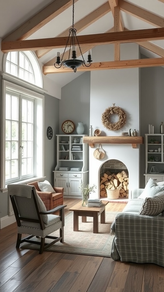 Cozy living room with exposed beams and a fireplace, painted in Silver Strand