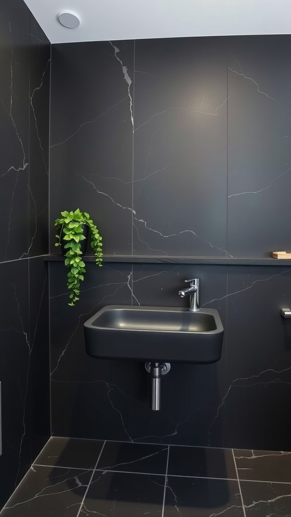 A modern bathroom featuring black slate walls, a black sink, and a touch of greenery.