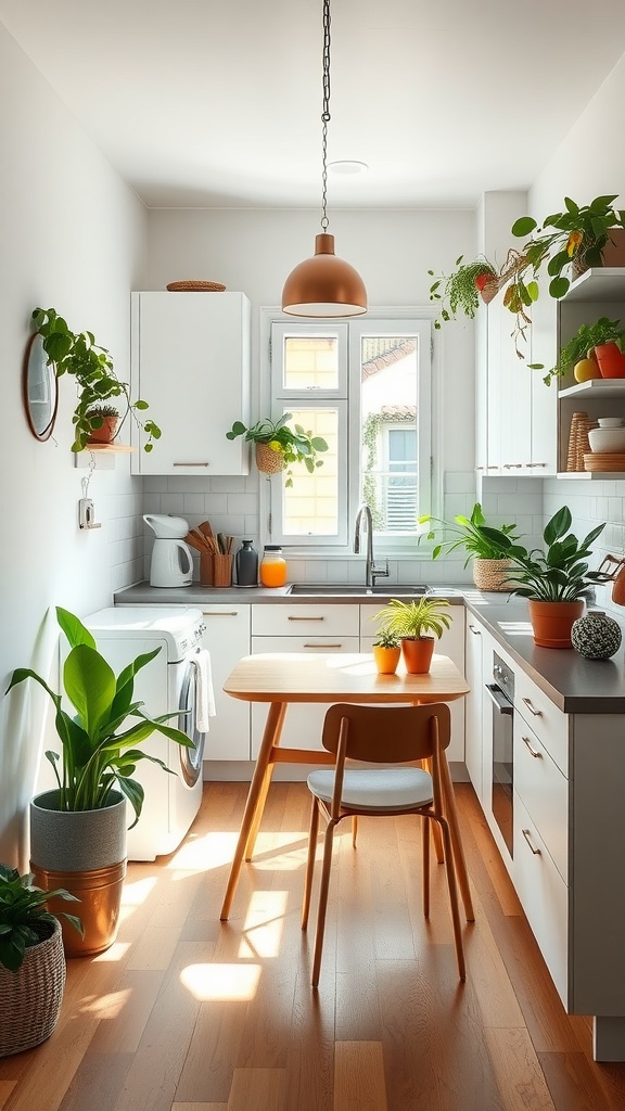 A small, bright kitchen featuring white cabinets, plants, and a wooden table