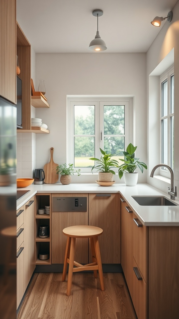 A cozy small kitchen with wooden cabinets, open shelving, a window, and potted plants.