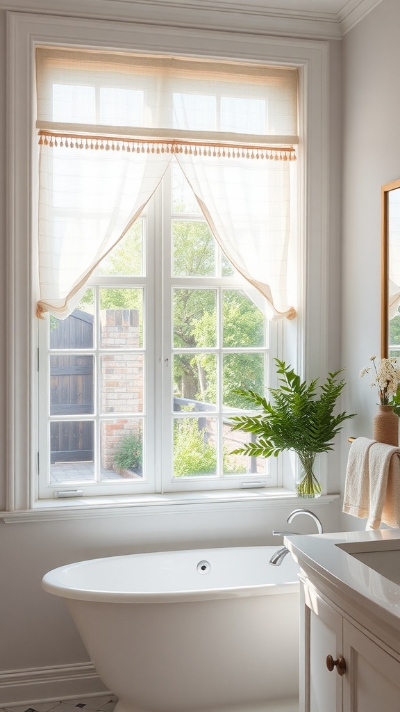 A bright bathroom featuring light, airy window treatments and a bathtub.