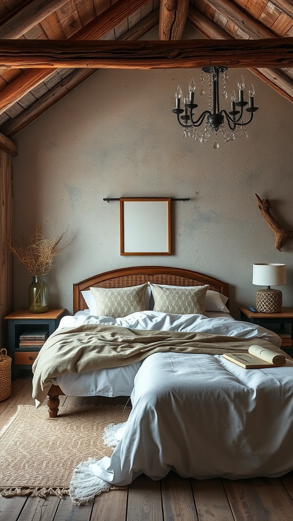 A rustic bedroom featuring wooden beams, a chandelier, and cozy white bedding.