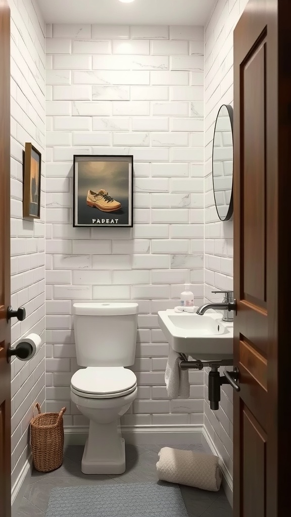 Small bathroom featuring white subway tiles, gray flooring, a floating sink, and modern decor.