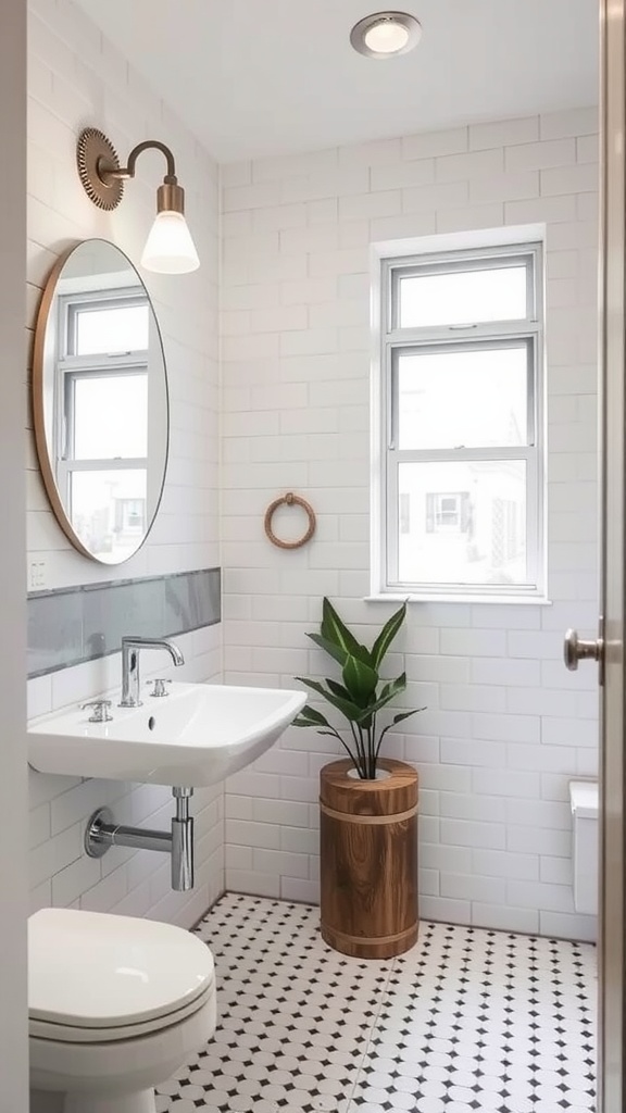 A minimalist small bathroom with white tiles, a modern sink, and a shower.