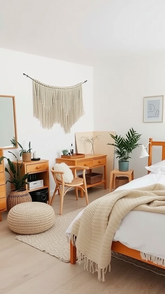 A Scandi Boho styled bedroom featuring wood furniture, plants, and a macramé wall hanging.