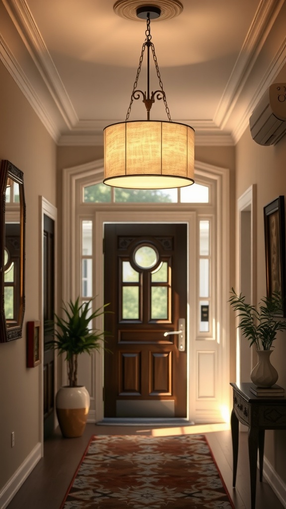 Entrance hall with a single hanging drum shade fixture casting warm light