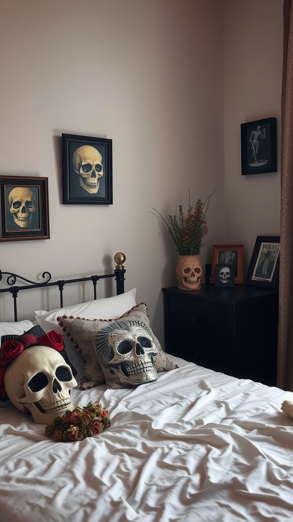 A cozy goth bedroom featuring skull-themed decor with pillows and wall art.