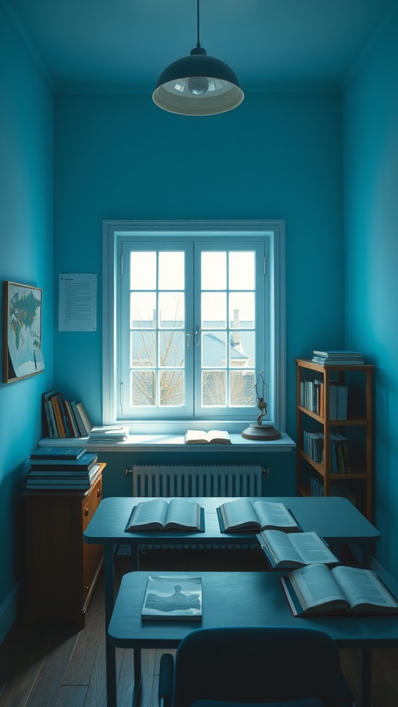 A small study room painted in sky blue, featuring a window, bookshelves, and simple furniture.