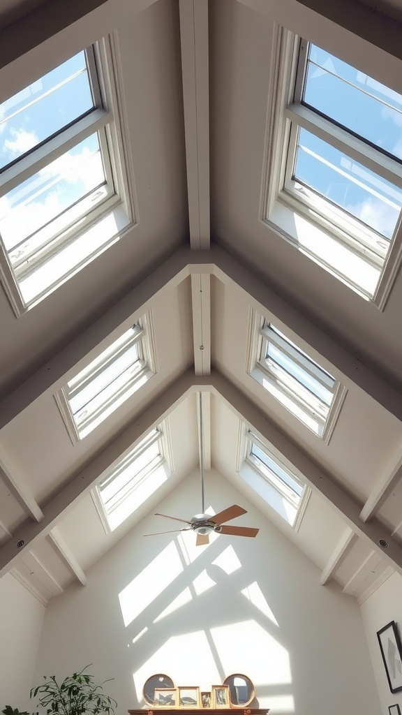 A ceiling with multiple skylights allowing sunlight to enter a room with vaulted ceilings