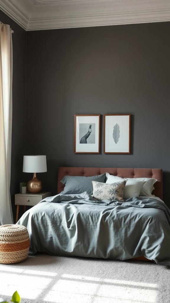 A serene bedroom with slate grey walls, a plush bed, and minimalistic decor.