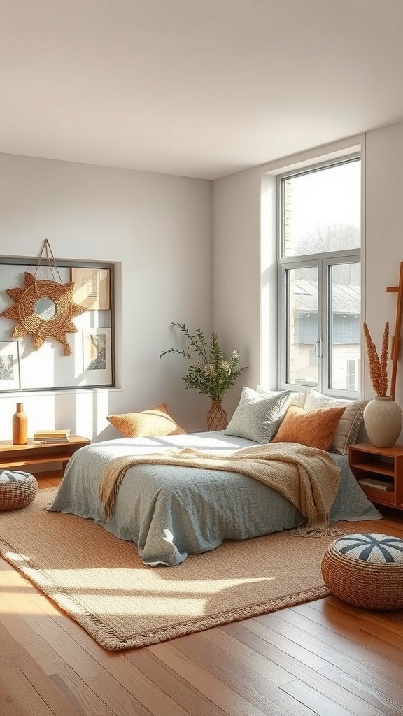 A sleek and modern boho style bedroom featuring a blue bedspread, orange accents, natural light, and wooden furniture.