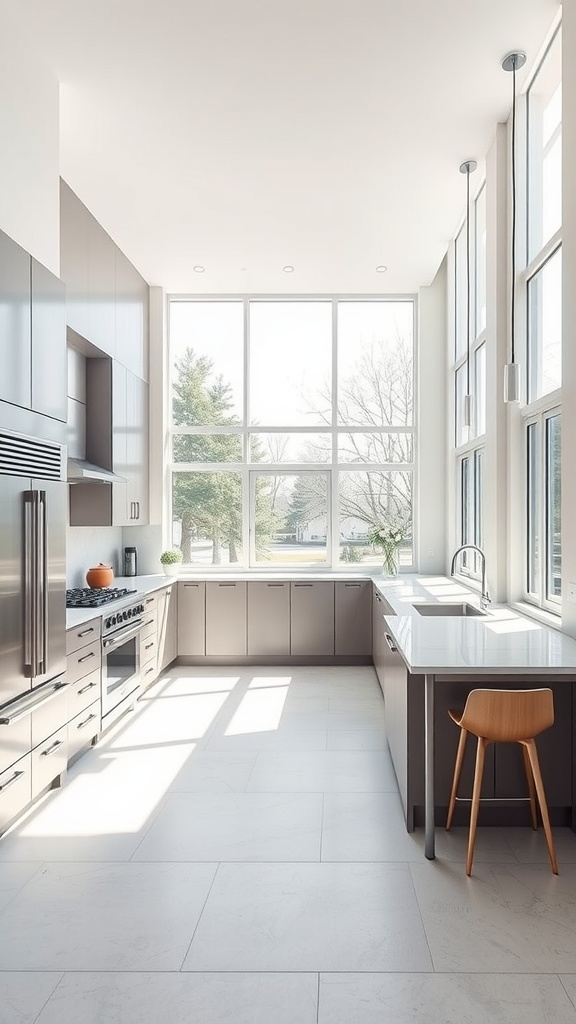 A modern U-shaped kitchen with large windows and sleek cabinetry.