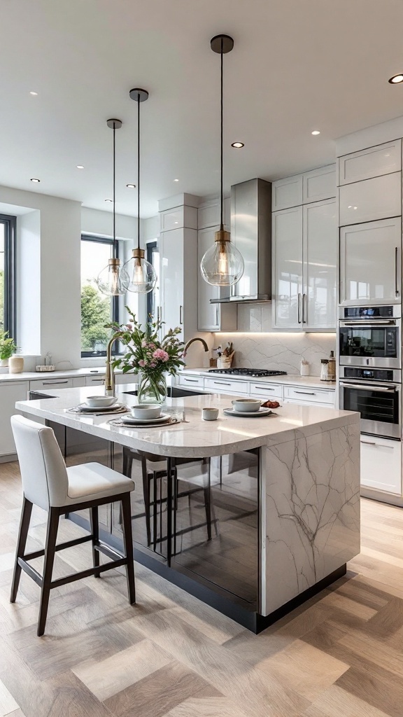 A modern U-shaped kitchen featuring sleek cabinetry, a large island, and stylish bar stools.
