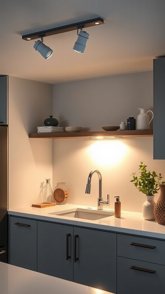 Modern track lighting above a kitchen sink
