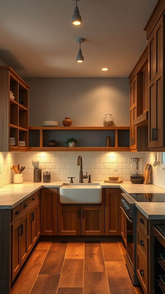 A rustic U-shaped kitchen with wooden cabinets, a farmhouse sink, and soft lighting.