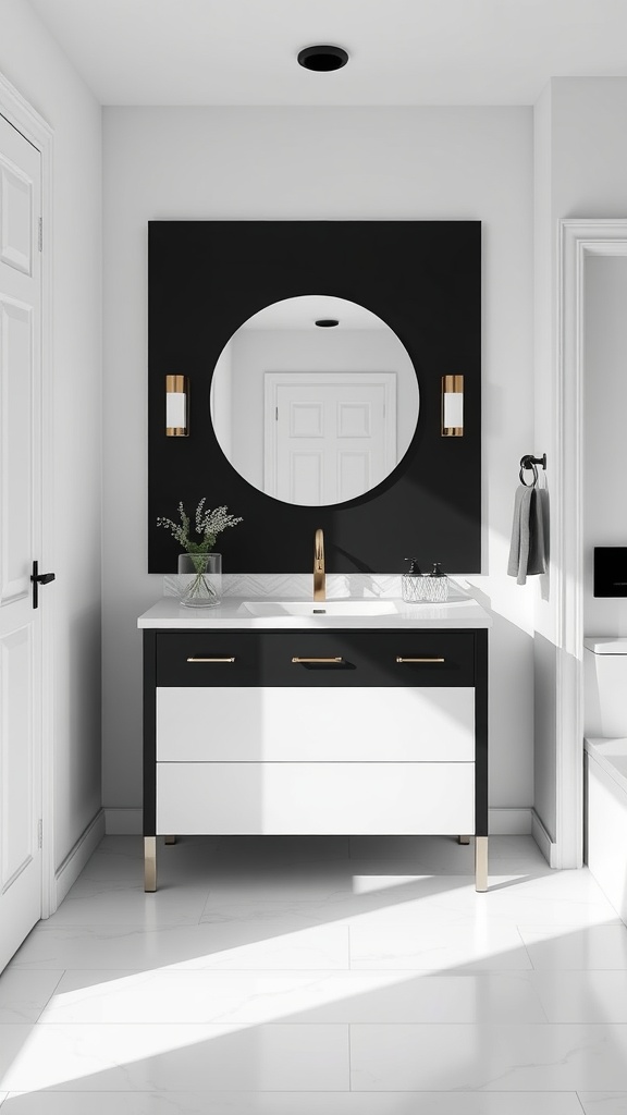 Modern black and white bathroom vanity with gold accents and a round mirror