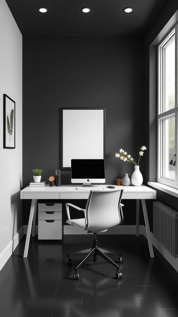 A modern black and white home office layout featuring a sleek desk, computer, and plants.