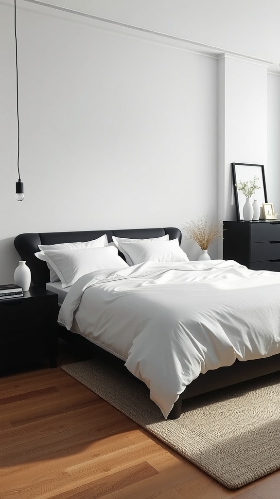 A sleek black minimal bedroom featuring a black bed with white bedding, wooden floor, and minimal decor.